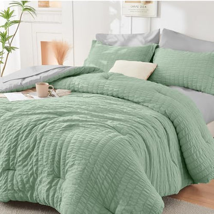 HYMOKEGE Sage Green/Light Grey Full Size Comforter Sets Seersucker 7 Pieces, All Season Luxury Bed in a Bag for Bedroom, Bedding Set with Comforter, Sheets, Pillowcases & Shams