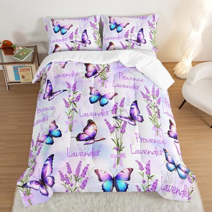 Pretty Butterfly Comforter Set King Size,Prowence Lavender Printed Comforter Bedding Sets for Kids Girls Toddler Room Decor Aesthetics,Fantasy Floral Bedding Sets with 2 Pillowcases.