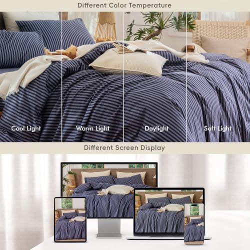 MooMee Striped Duvet Cover Set 100% Washed Cotton Linen Like King