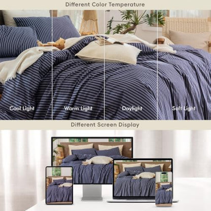 MooMee Striped Duvet Cover Set 100% Washed Cotton Linen Like King