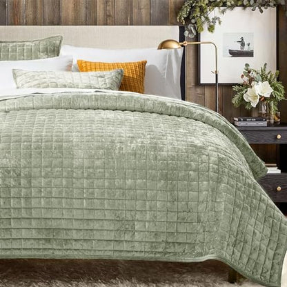 RECYCO Channel Box Stitch Velvet Quilt Set, Twin/Twin XL Size, Sage Green