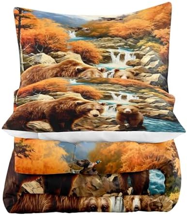 LUVIVIHOME 3PCS Bear Comforter Set Full Size, Mallard Duck Mountain Autumn Forest Woodland Animal Wildlife Country Lodge Rustic Farmhouse Cabin Bedding Sets for Kids Boys Girls, 2 Pillow Shams
