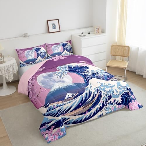Homewish Japanese Cherry Blossoms Comforter Set Twin Size Fuji Mountain Bedding Set 2pcs for Girls Boys Teens Kids Bedroom Decor Ukiyoe Sea Wave Quilt Set Exotic Blue Pink Duvet Insert,1 Pillowcase