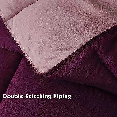 HIG 3pc Plum Queen Comforter Set - All Season Reversible Down Alternative Comforter with Two Shams - Quilted Duvet Insert with Corner Tabs - Box Stitched - Breathable, Soft, Fluffy