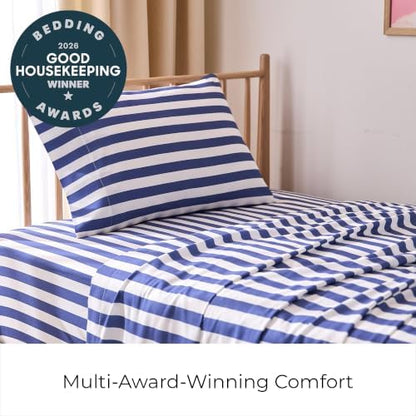 Mellanni Iconic 3-PC, Ultra Soft Sheet Set (Twin, Oxford Stripe Blue Nova)