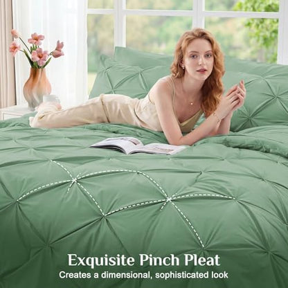 JOLLYVOGUE Twin XL Comforter Set 5 Pieces - Bed in a Bag Twin XL for All Season, Pintuck Bedding Comforter Sets with Comforter, Flat Sheet, Fitted Sheet and Pillowcases & Shams, Sage Green