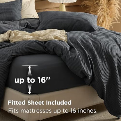 Bedsure PureWoven Cotton Waffle Duvet Cover Set with Fitted Sheet, Queen