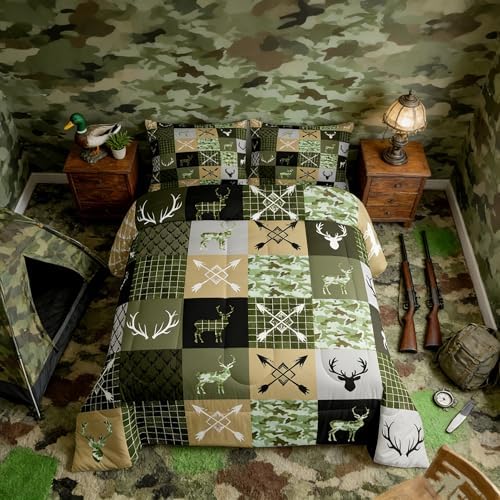 Feelyou Hunting Camo Bear Deer Comforter Set Queen for Kids Boys Bedding