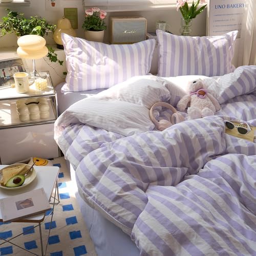 Striped Comforter Set Twin XL, Vintage Purple White Stripes Pattern Printed Bedding Set, Lightweight Soft Striped Bed Comforter with 2 Pillowcases, Farmhouse 3 Piece Comforter Set for All Season