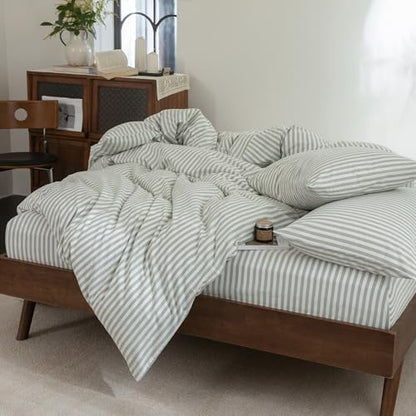 FOSSA Striped Duvet Cover Set 100% Washed Cotton Linen Feel Super Queen