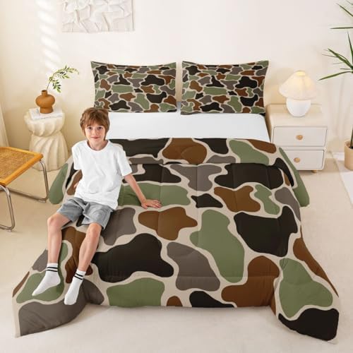 Feelyou Green Camo Kids Comforter Set Queen Size Camouflage Hunting Bedding Set Military Style Duvet Quilt for Kids Boys Girls Bedroom Army Green Decor Microfiber Ultra Soft Breathable