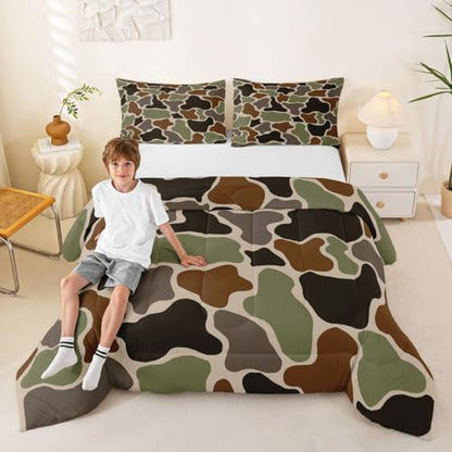Feelyou Green Camo Kids Comforter Set Toddler Size Camouflage Hunting Bedding Set Military Style Duvet Quilt for Kids Boys Girls Bedroom Army Green Decor Microfiber Ultra Soft Breathable