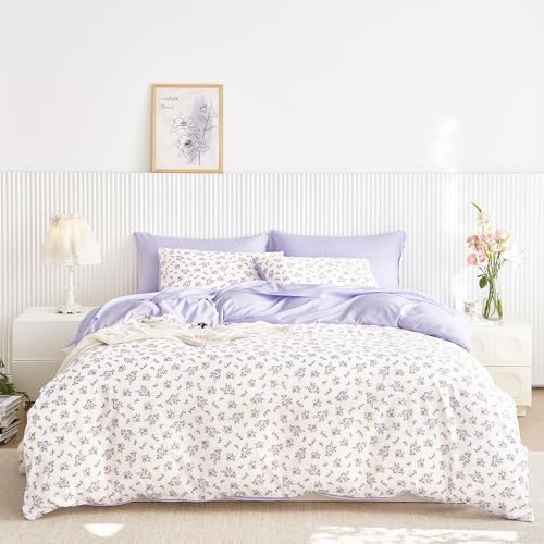 Wake In Cloud - Floral Comforter Set with Sheets, Coquette Cottagecore Aesthetic Flower Shabby Chic Pattern for Women Teen Girls, 7 Pieces Bed in a Bag, White Purple, Full Size