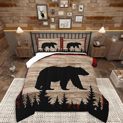 Castle Fairy Kids Bear Silhouette Queen Size Comforter Set,Wildlife Animal Trees Print Bedding Set with 2 Pillowcases,Red Black Plaid Retro Board Breathable Durable Polyester