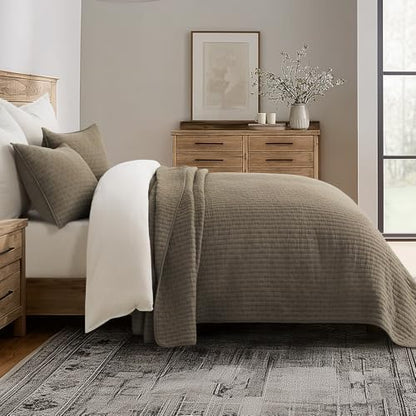 EVERGRACE Cross Stitch Pre-Washed Cotton Quilt Bedding Set Queen Size, Oversized 3 Pieces Lightweight Bedspread Coverlet for All Season, with 2 Matching Shams, Mocha Brown Updated, 92"x96"