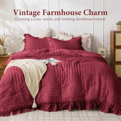 JOLLYVOGUE Burgundy Queen Comforter Set, 3 Pieces Seersucker Comforters Queen Size, Lightweight & Fluffy Bedding Sets for All Season with 1 Ruffle Comforter and 2 Ruffle Pillowshams