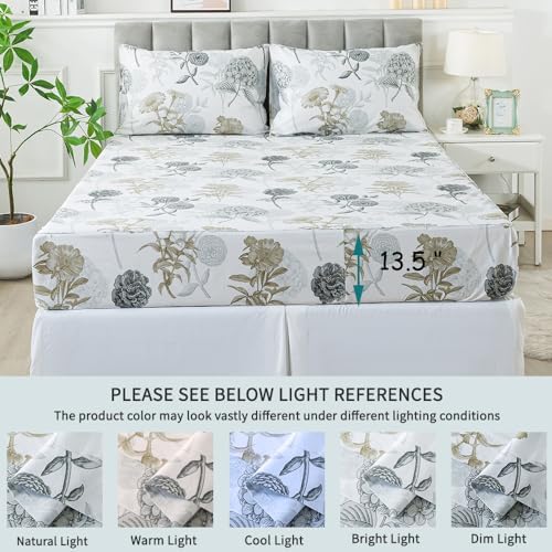 FADFAY Twin XL Floral Sheets for College Percale Cotton Ink Grey Floral Sheets Hydrangea Patterned Bed Sheet Shabby Vintage Chic Bedding Dorm Room Soft Crisp & Cool Deep Pocket Fitted Sheet, 4Pc