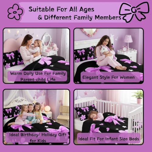 jejeloiu Bowknot Comforter Set Toddler Size Bow Bedding Set for Kids Boys Girls Black Purple Duvet Quilt Cute Bow-tie Bedroom Decor Microfiber 2 Pcs with 1 Pillow Cases