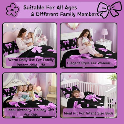 jejeloiu Bowknot Comforter Set Toddler Size Bow Bedding Set for Kids Boys Girls Black Purple Duvet Quilt Cute Bow-tie Bedroom Decor Microfiber 2 Pcs with 1 Pillow Cases