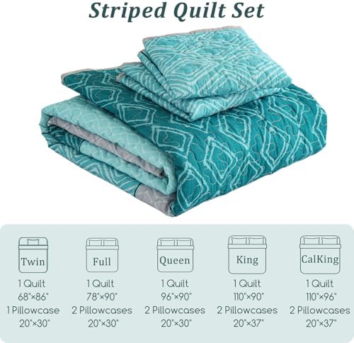 Cottolester Boho Quilt Set California King Size,Teal Blue Striped Bedspread