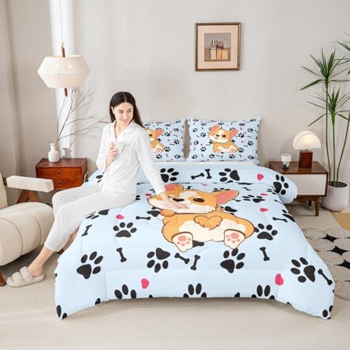 Castle Fairy Cute Corgi Comforter Set Full Size,Cartoon Dog Footprint Bones Bedding 3pcs for Kids Boys Girls Room Decor,Smiling Doggy Bedspread Family Paw Quilted Duvet with 2 Pillowcases,Blue