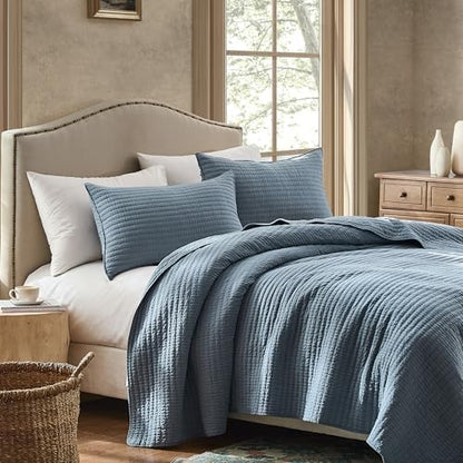 WDCOZY 100% Cotton California King Size Quilt Set, Pick Stitch, Dusty Blue