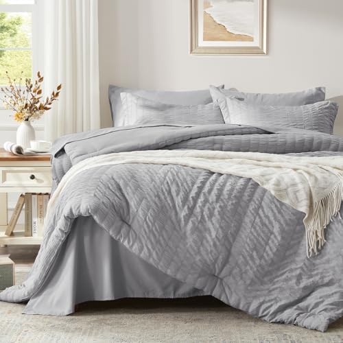 King Size Comforter Set 7 Piece, Light Grey Bed in a Bag King Bedding Sets