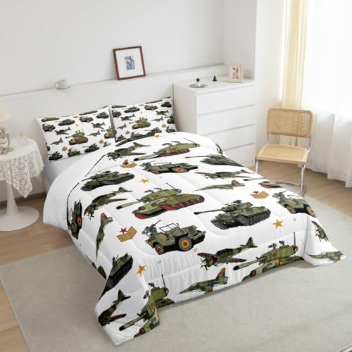 Manfei War Theme Comforter Set Twin Size, Aircraft Tanks Bedding Set 2pcs for Kids Boys Bedroom Decor, Retro Army Green Airplane Tanks Down Comforter Soft Polyester Quilt Set with 1 Pillowcase