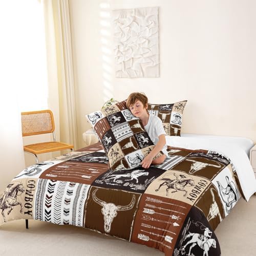 Western Comforter Set Queen Size,Southwestern Aztec Country Horse Bedding Set 2pcs,Cowboy Rustic Ranch Style Down Comforter,Brown Patchwork Farmhouse Bed Set for Kids Boys Teens,1 Pillowcase,No Sheet
