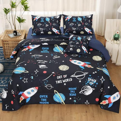 JQinHome Full Space Comforter Set for Kids,6 Piece Bed in A Bag 3D Galaxy Space Rocket Planets Bedding Set for Teens Boys Girls with Pillowcases,Flat Sheet,Fitted Sheet,Cushion Cover