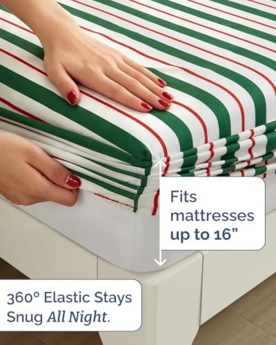 Christmas Sheet Set, Cabana Stripe, Holiday Xmas Bedding Set - Full Size