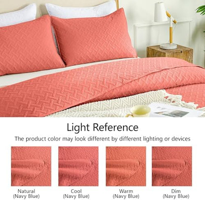 FLYMME Quilts King Size,Lightweight Coral Bedspreads,Basket Weave Pattern,Ultra Soft Microfiber Bed Coverlet 3 Pieces for All-Seasons (1 Quilt,2 Pillow Shams)