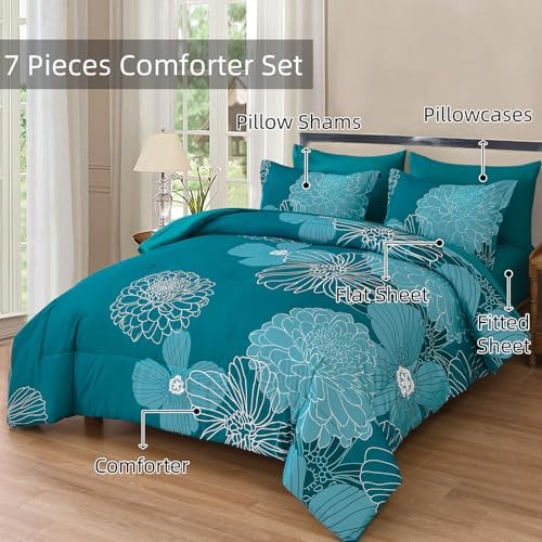 Yiran Teal Floral Comforter Set King 7 Pieces Bed in a Bag Soft Microfiber Bedding Set with 1 Comforter 1 Flat Sheet 1 Fitted Sheet 2 Pillowshams and 2 Pillowcases 104''x90''