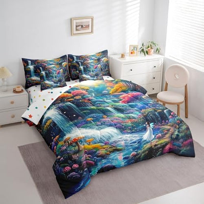 Feelyou Waterfall Comforter Set 7 Pieces Twin Size Moon Landscape Bedding Set for Boys Girls Magical Bed in a Bag with Comforter, Sheets, Pillowcases & Cushion Covers