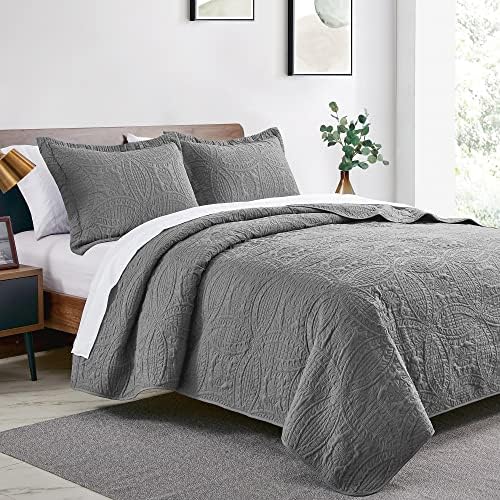 Love's cabin King Size Quilt Set Grey Bedspreads - Soft Bed Summer Lightweight Bedspread Comforter - Modern Style Coin Pattern Coverlet for All Season - 3 Pieces (1 Quilt, 2 Pillow Shams)