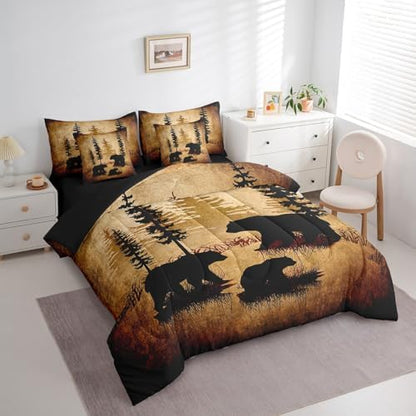Erosebridal Bear 7 Piece Bedding Set Twin Size,Cabin Hunting Themed Bed in a Bag,Wild Animal Bed Set Includes Comforter, Sheet Set, Pillowcases & Pillow Covers All Season Bedroom Decor