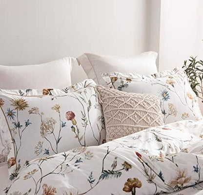 SLEEPBELLA Comforter Twin Size, 600 Thread Count Cotton White Printed with Blue & Blush Flowers Cotton Comforter Set,Down Alternative Bedding Set 2Pcs(Twin, White Floral)