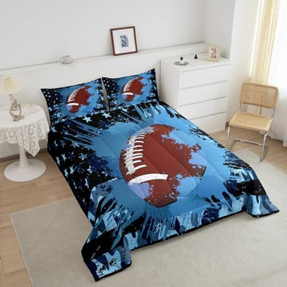 Camouflage Comforter Set, Kids Boys Football Bedding Set American Flag Down Comforter for Teens Adult Young Men, USA Federations Stars Stripes Duvet Sets Tie Dye Bedroom Decor, Blue(Queen Size)