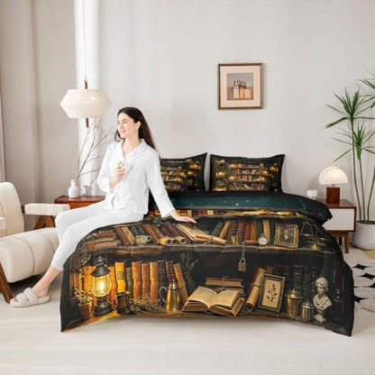 Erosebridal Vintage Bookshelf 7 Piece Bedding Set Queen Antique Library Comforter Set with Sheets Academia Bookcase Bed in a Bag Retro Magic Reading Bed Sets Comforter