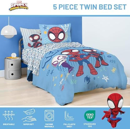 Marvel Spidey and Friends Twin Comforter Set 5 Piece Kids Bedding, Blue