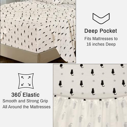 RUVANTI Flannel Sheets Set Queen Size, Black Cat