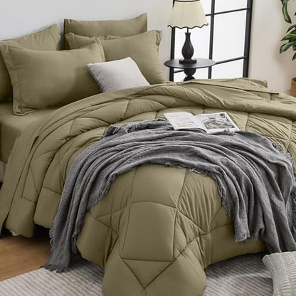HEVUMYI 5-Piece Twin Comforter Set, Olive Green Bed in a Bag