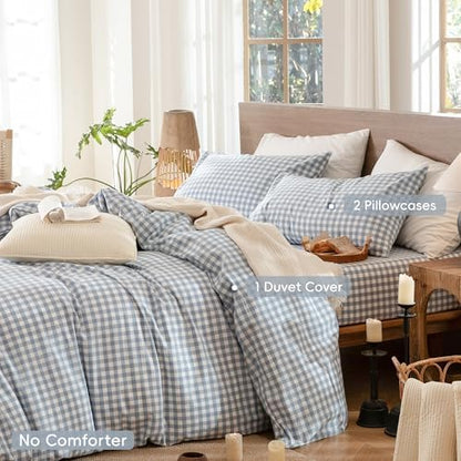 MooMee Gingham Duvet Cover Set 100% Washed Cotton Linen Like