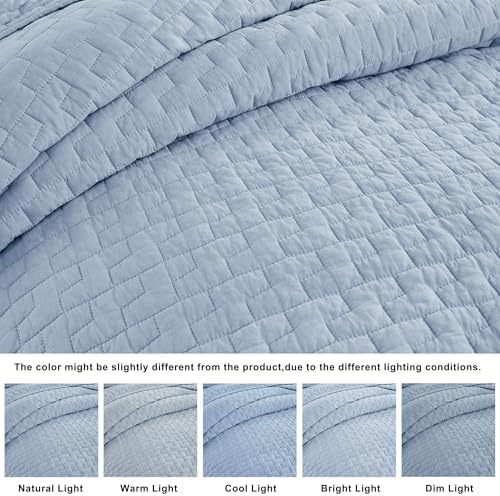 PALASSIO Baby Blue 100% Cotton Quilt Queen Size Bedding Sets with 2 Pillow Shams, Textured Lightweight Soft Bedspread Shabby Chic Coverlet, Neutral Quilted Comforter Bed Cover for All Season, 3 Pieces