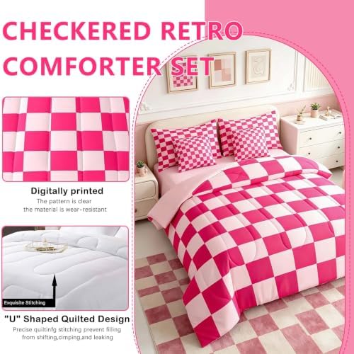 Feelyou Checkered 7 Piece Bedding Set Teen Women Boho Modern Cute Aesthetic Decorative Girly Comforter Set with Sheets Queen Size Kids Boys Geometric Chic Bed in a Bag Pink White Plaid Room Decor