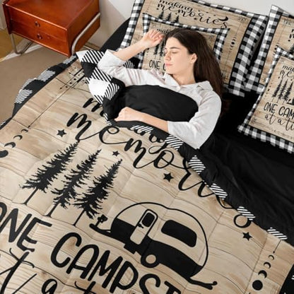 Erosebridal Camper Decorations Comforter Set - 7 Pieces Happy Camping Bedding Sets Twin Bed in A Bag Boho Sun Moon Comforter, Wooden Planks Sheets, Rustic Farmhouse Pillowcases & Throw Pillow Covers