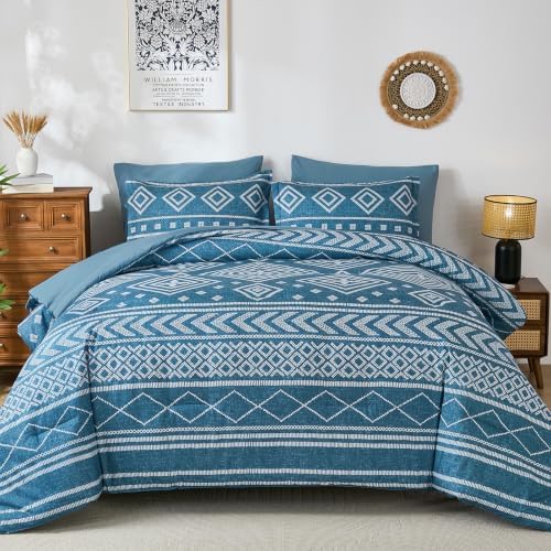 Yiran Boho Comforter Set Queen Size, 7 Pieces Aztec Blue Bed in a Bag