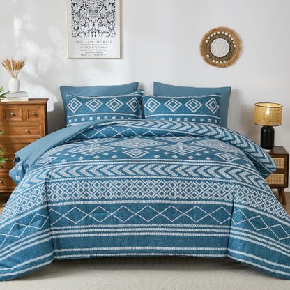 Yiran Boho Comforter Set Queen Size, 7 Pieces Aztec Blue Bed in a Bag