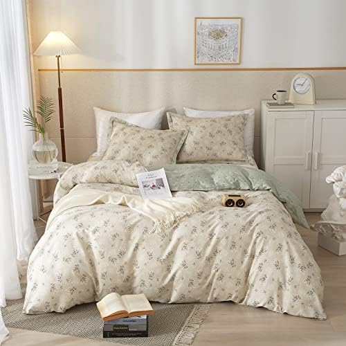 VM VOUGEMARKET Floral Bedding Twin Reversible Gray Beige Flower Duvet Cover Set,Cottagecore Duvet Cover Matching 2 Pillowcases 100% Cotton Chic Girls Bedding Set -Twin(68"x86")