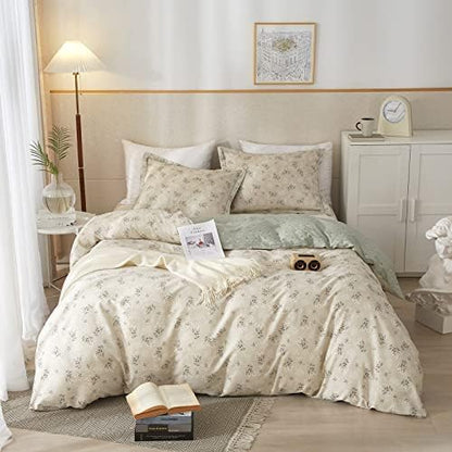 VM VOUGEMARKET Floral Bedding Twin Reversible Gray Beige Flower Duvet Cover Set,Cottagecore Duvet Cover Matching 2 Pillowcases 100% Cotton Chic Girls Bedding Set -Twin(68"x86")